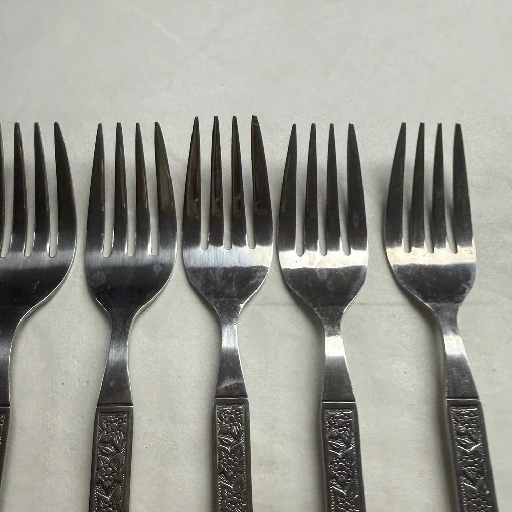 Vtg Dalmatia by Present 7 Salad/Dessert Forks Soup Spoon Japan Floral Flatware